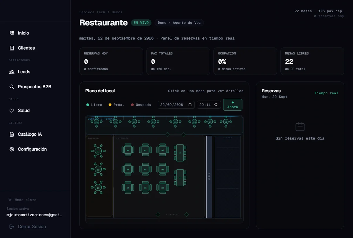Live voice-agent dashboard showing a restaurant floor plan with 22 tables coloured by availability, occupancy metrics and a real-time reservation panel